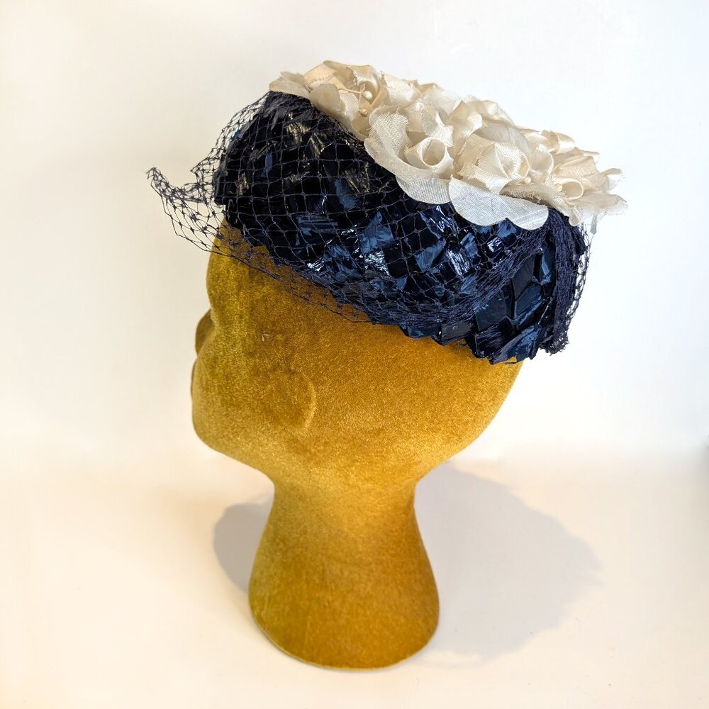 Vintage Hat, Women's Pill Box Style Woven Ribbons with Netting, 1940's Era
